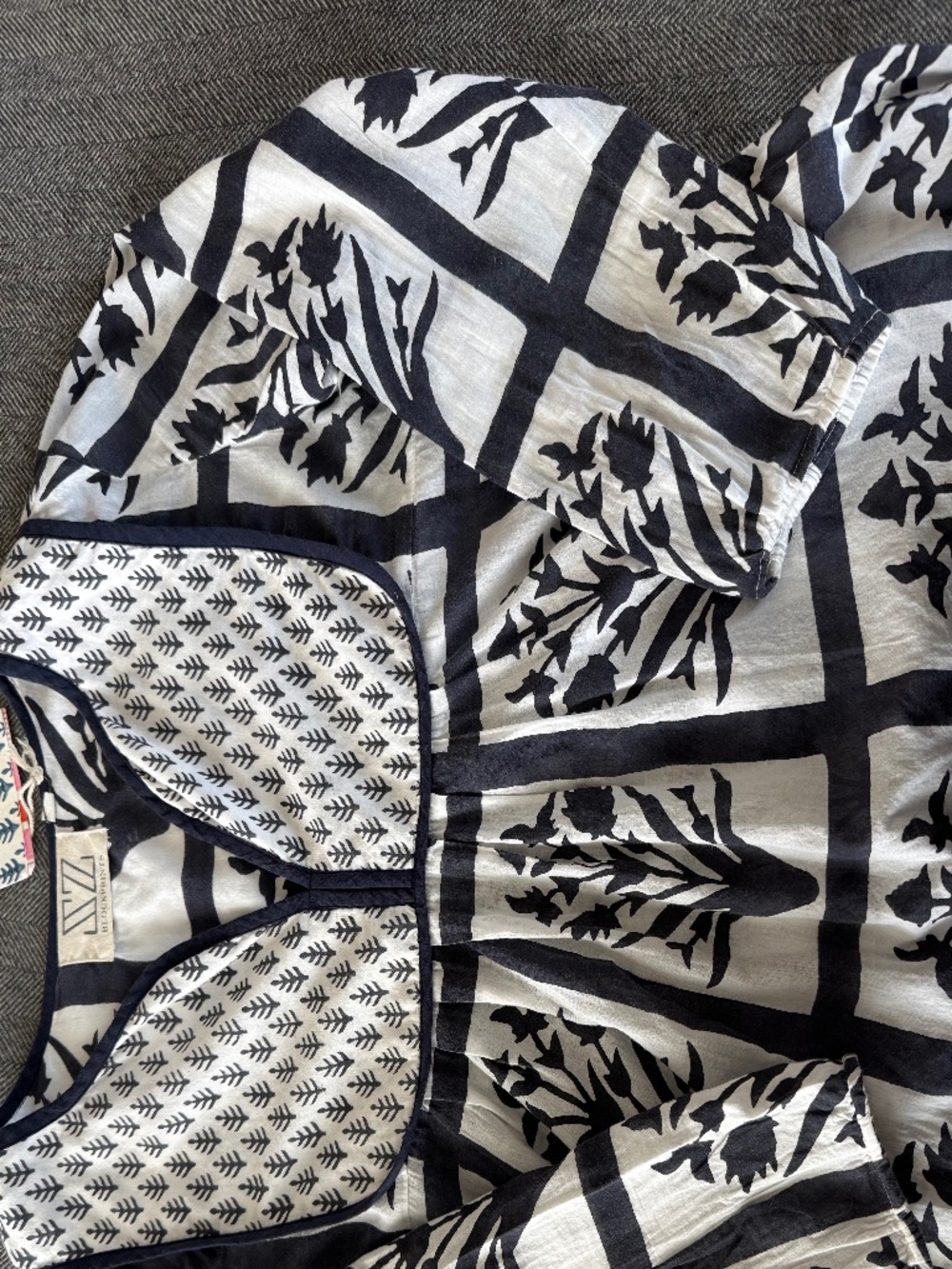 SZ BLOCKPRINTS, HAND BLOCKED/PRINTED, JAIPUR DRESS IN NAVY PALLADIO GRID - Picture 15 of 16